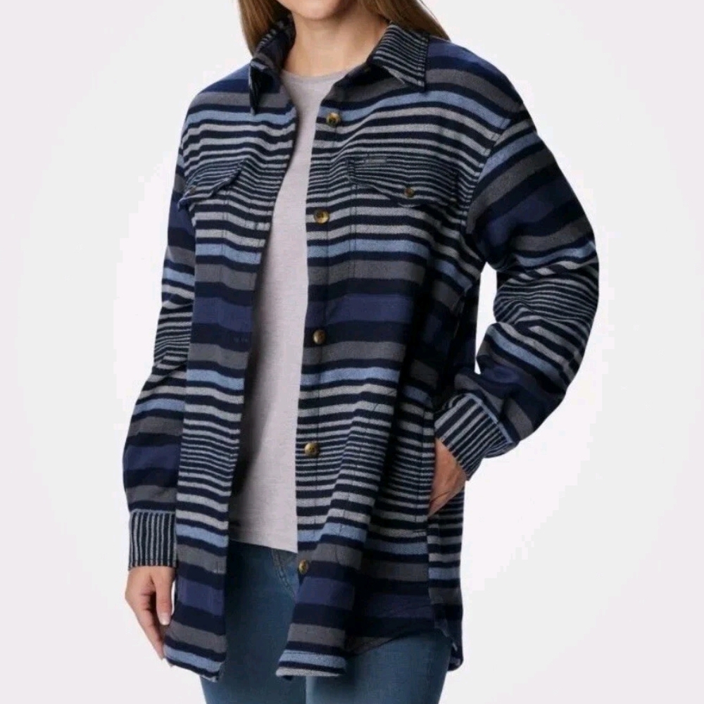 Columbia Navy and Light Blue Striped Button-Up Shacket
